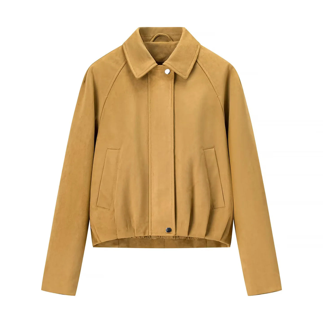 Women's cropped velvet blouse jacket with shirt collar, concealed snap button placket, and elastic hem Mune Fashion