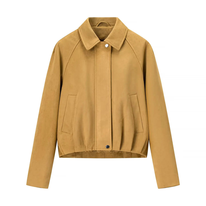 Women's cropped velvet blouse jacket with shirt collar, concealed snap button placket, and elastic hem Mune Fashion