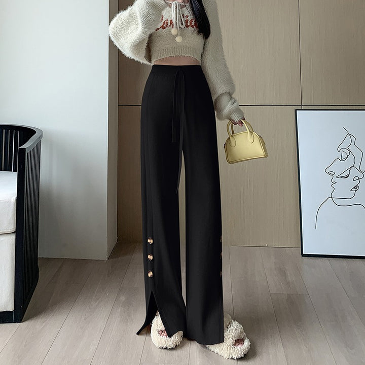 Women's Wide-Cut Knitted Pants with Button Details Mune Fashion