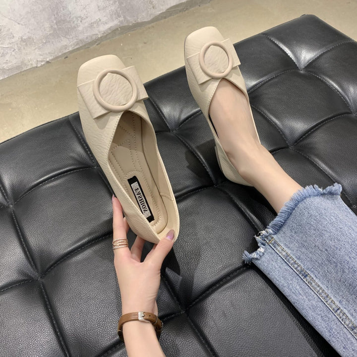 Women's Elegant Slipper-Ballet Flats with Square Toe and Decorative Round Buckle Mune Fashion