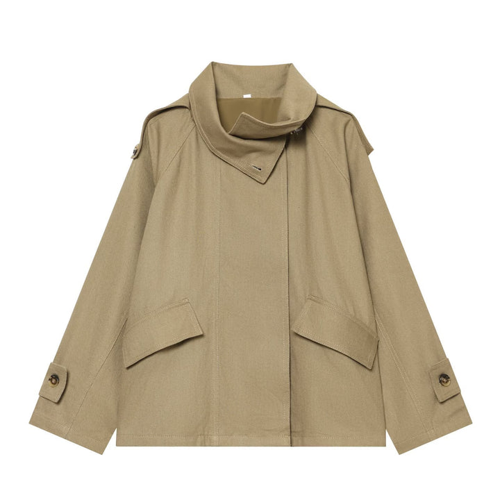 Women's Short Oversized Cape Trench Coat with High Funnel Collar and Utility Patch Pockets Mune Fashion