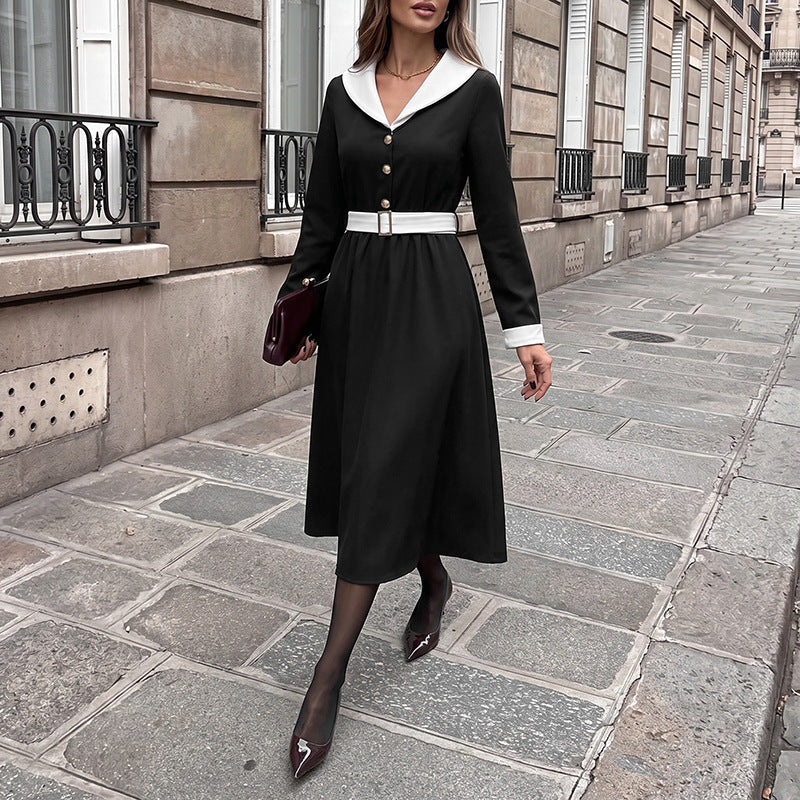 Women Elegant Midi Dress with Collar and Belt Mune Fashion
