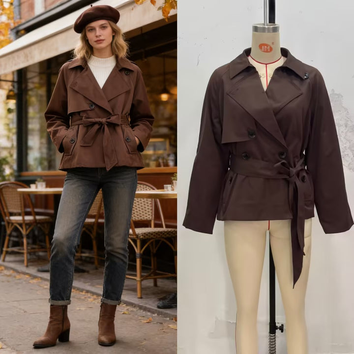 Women Cropped Waist Belt Trench Coat with Wide Lapels and Flap Pockets Mune Fashion