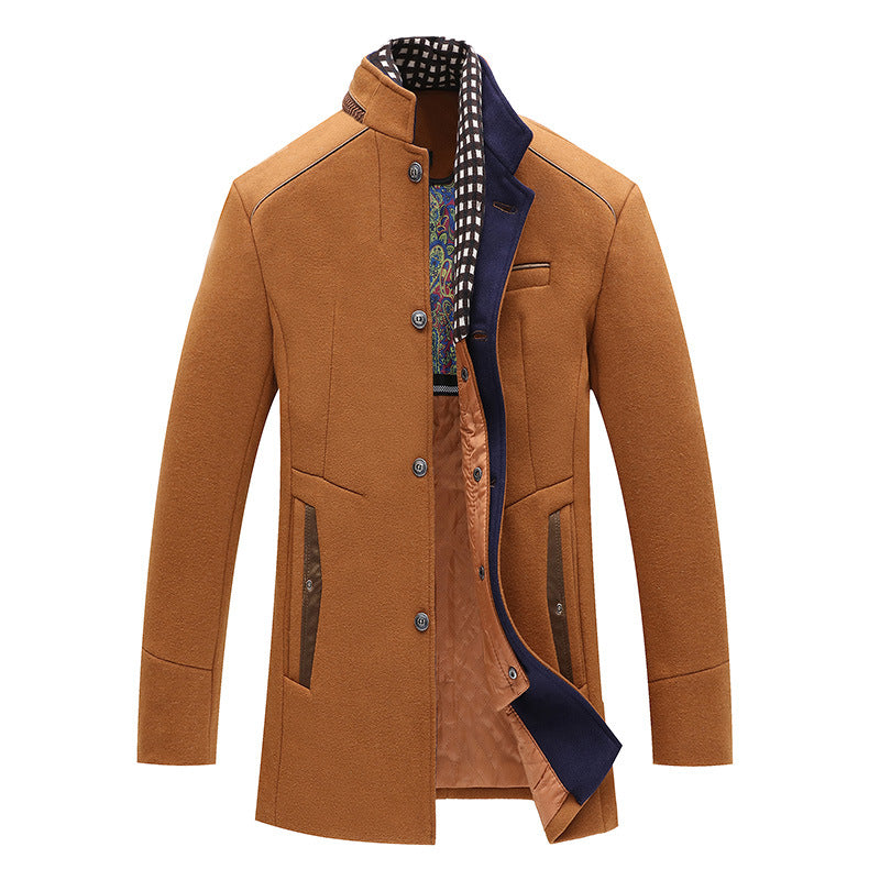 Men's Mid-length Wool Blend Coat with Stand Collar, Quilted Thermal Lining and Contrast Trim Mune Fashion
