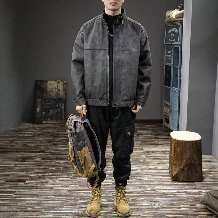 Men's Minimalist Vintage Faux Leather Bomber Jacket with Stand Collar and Concealed Snap Placket Mune Fashion