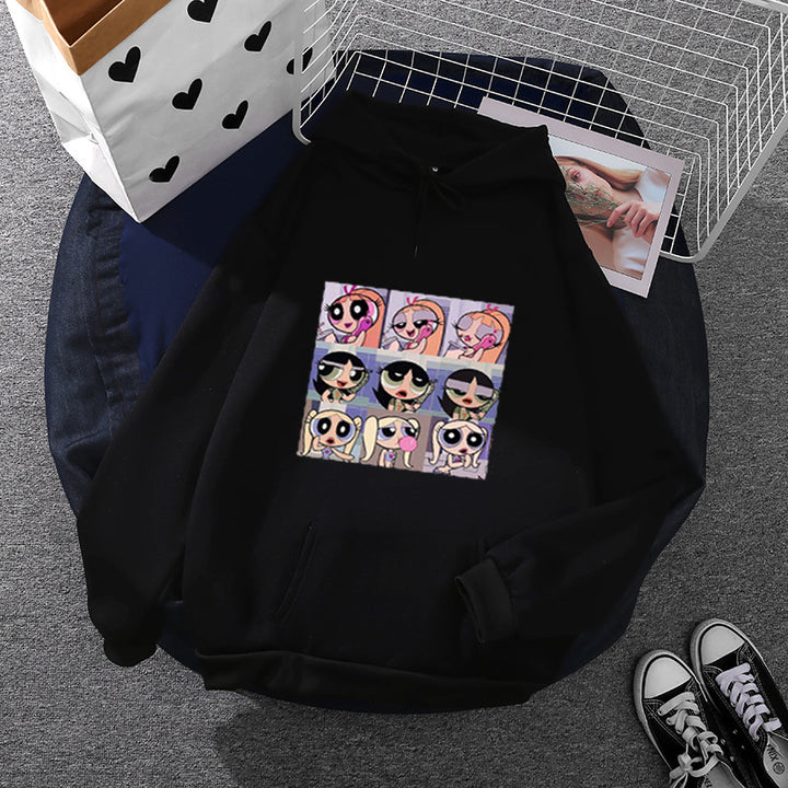 Women's casual hoodie with square cartoon collage print, soft fleece lining, and kangaroo pocket Mune Fashion