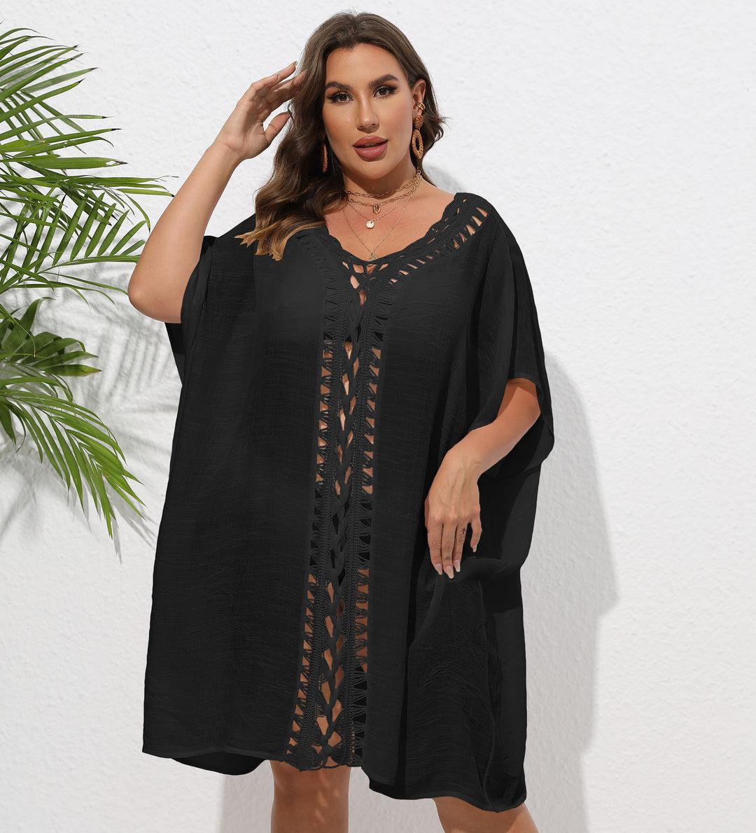 Women Airy Beach Kimono with Decorative Crochet Lace Mune Fashion