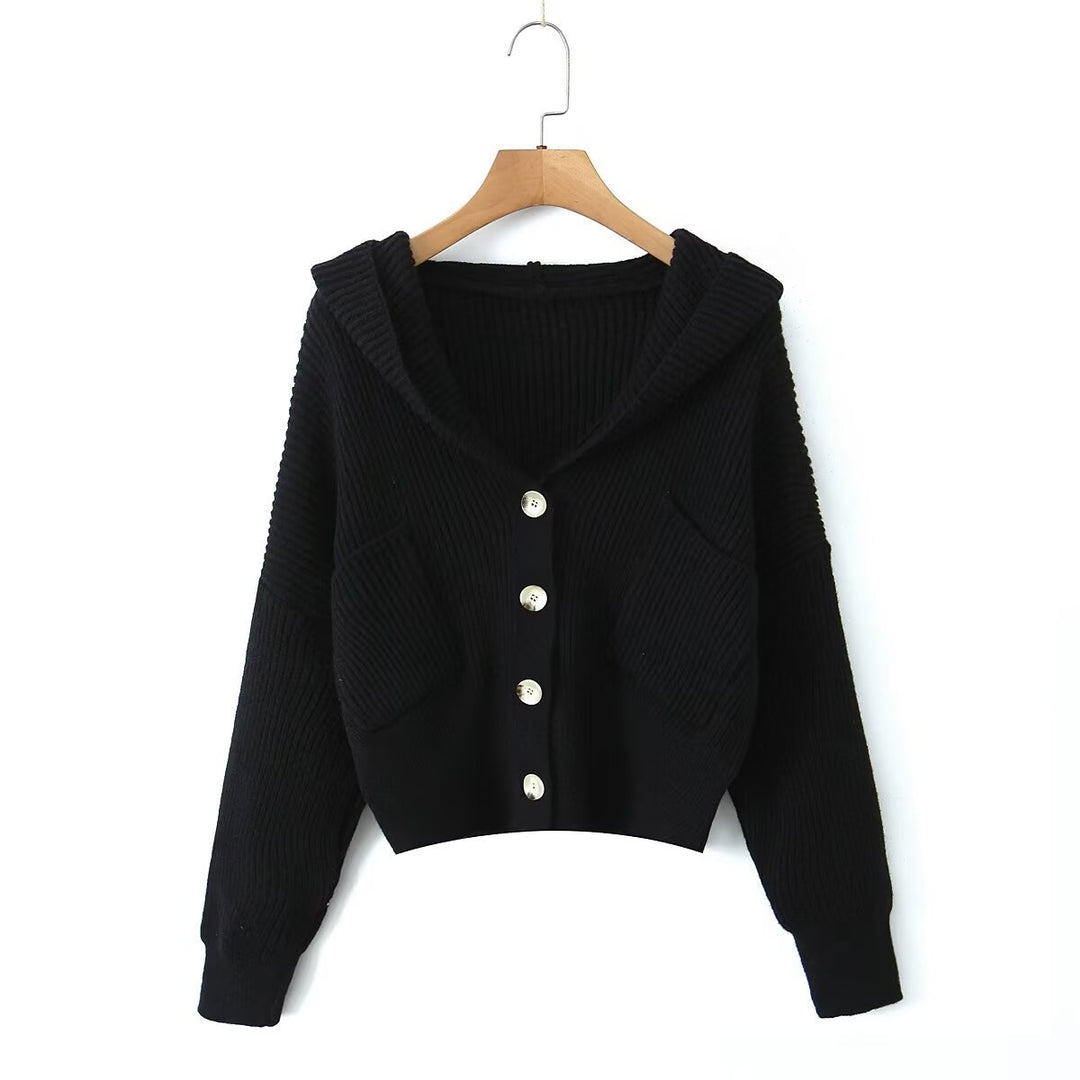 Women's Short Ribbed Knit Cardigan with Wide Hood Collar and Patch Pockets Mune Fashion