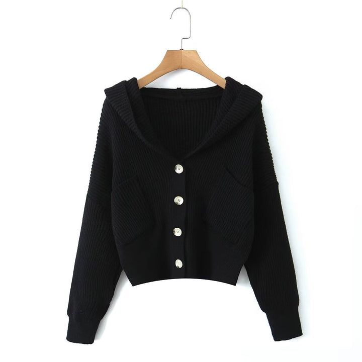 Women's Short Ribbed Knit Cardigan with Wide Hood Collar and Patch Pockets Mune Fashion