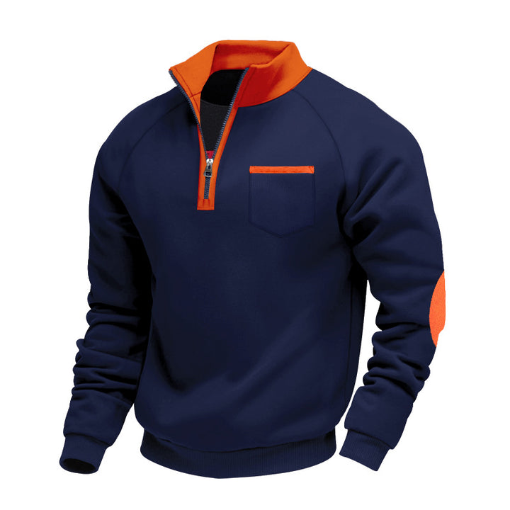 Men's Raglan Half-Zip Sweatshirt with Stand-Up Collar, Chest Pocket & Elbow Application Mune Fashion