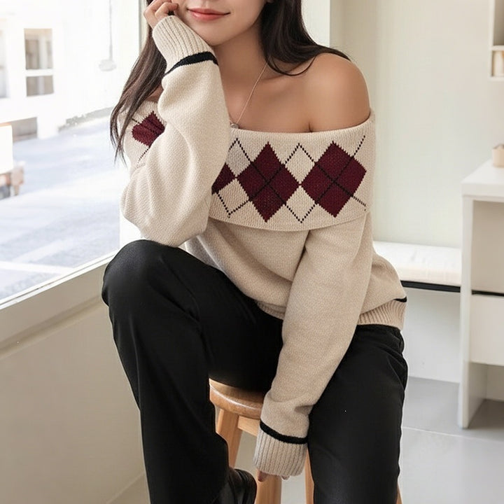 Women Casual Knit Sweater with Off-Shoulder Design Mune Fashion