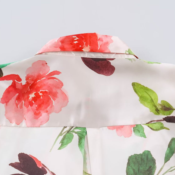 Women's lightweight silk-like shirt blouse with watercolor flower print and contrast trim Mune Fashion