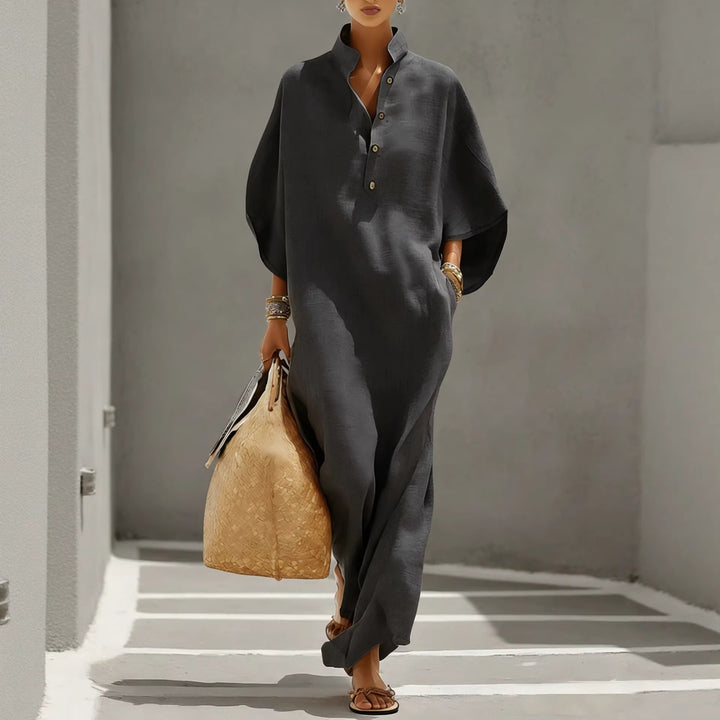 Women’s Loose Kaftan Midi Dress with Stand-up Collar and 3-Button Placket Mune Fashion