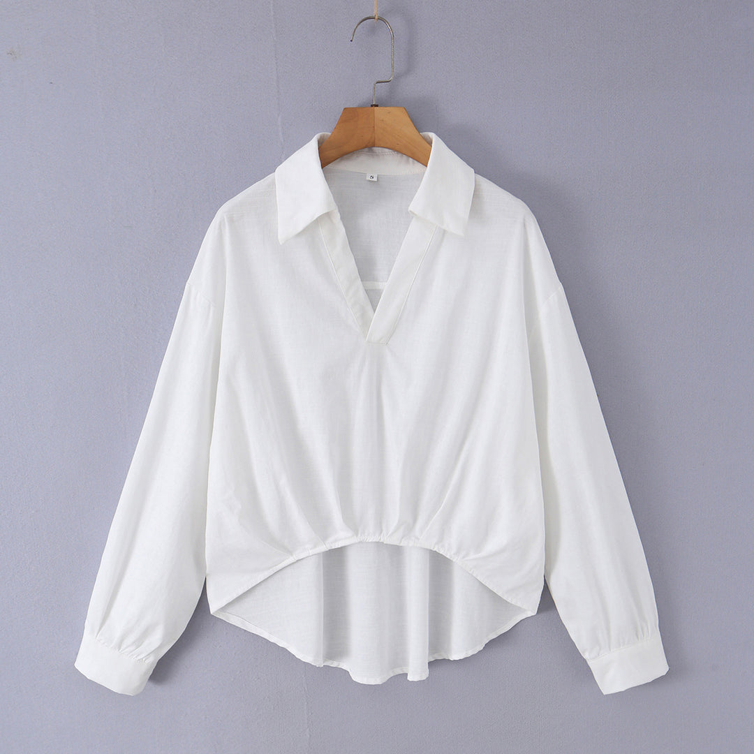 Women's loose cotton blouse with V-neck, shirt collar, and ruffled pointed hem Mune Fashion