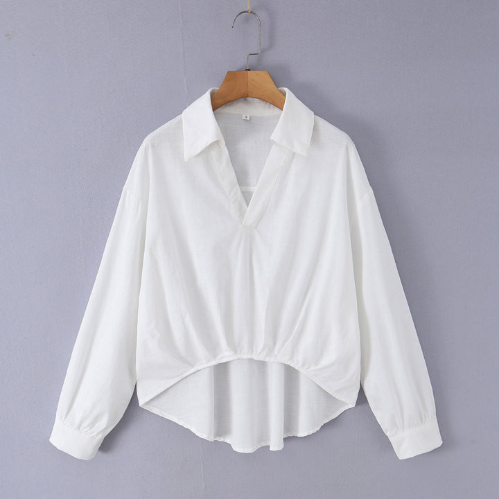 Women's loose cotton blouse with V-neck, shirt collar, and ruffled pointed hem Mune Fashion