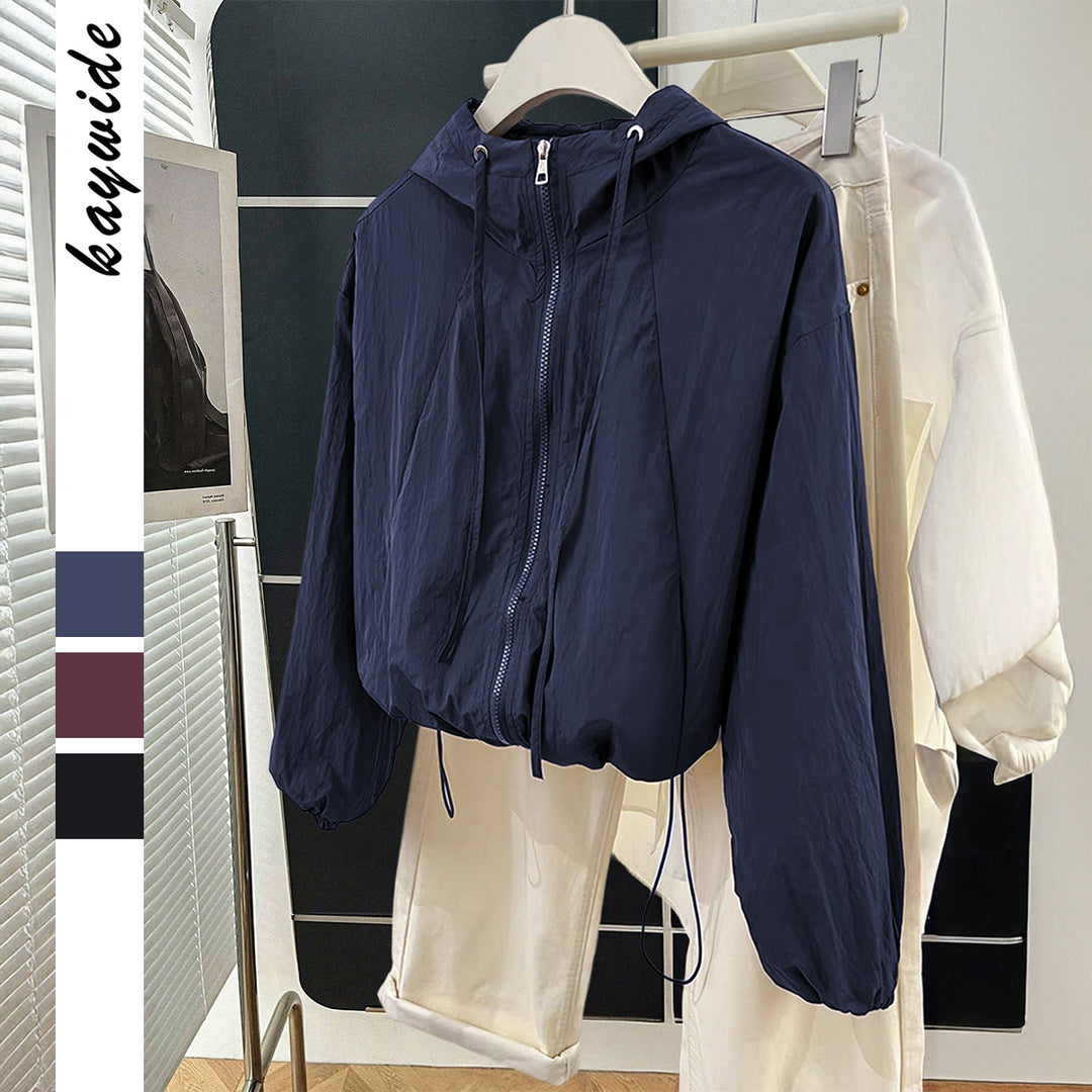 Women's lightweight hooded transitional jacket with drawstring cuffs and balloon sleeves Mune Fashion