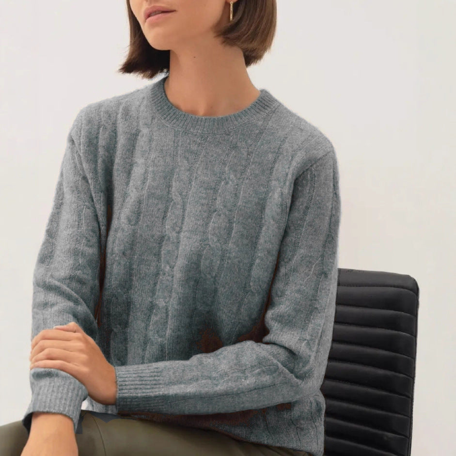 Women’s cable knit sweater in braids with round neckline and sustainably soft wool blend Mune Fashion