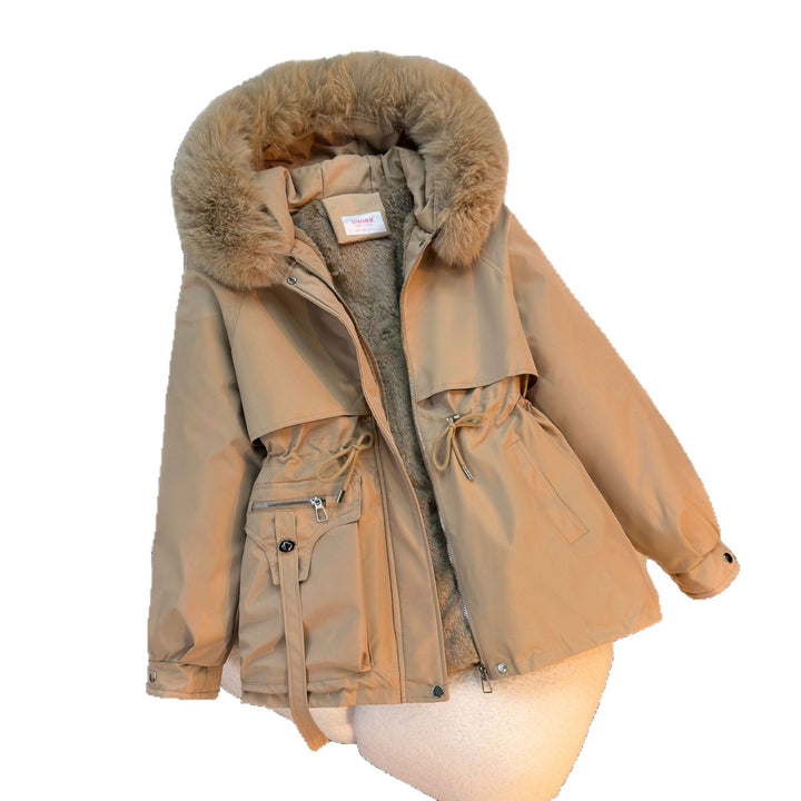 Women's short padded parka with faux fur collar, teddy lining, drawstring waist, and multifunctional pockets Mune Fashion