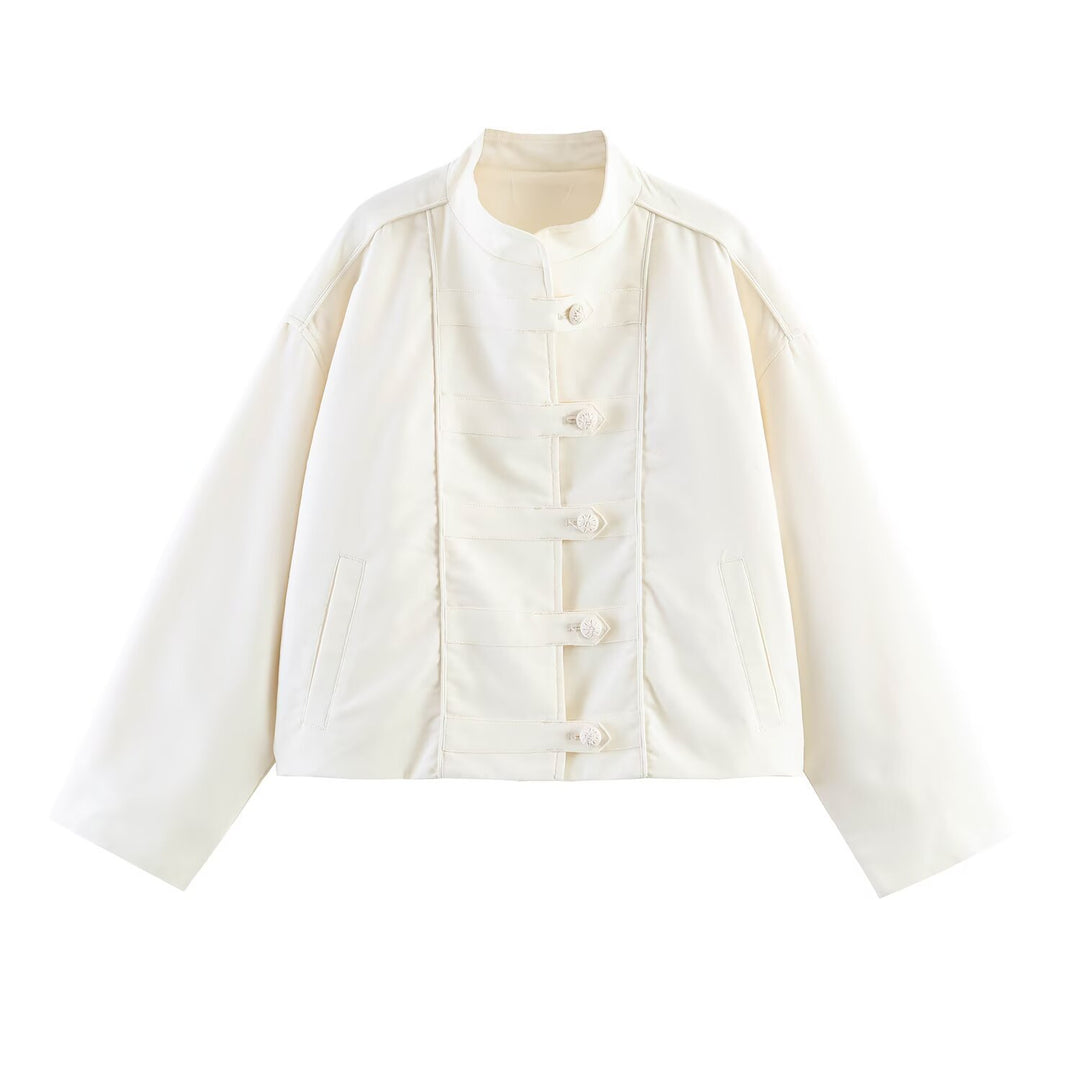 Women Oversized Jacket with Stand Collar and Chinese Decorative Buttons Mune Fashion