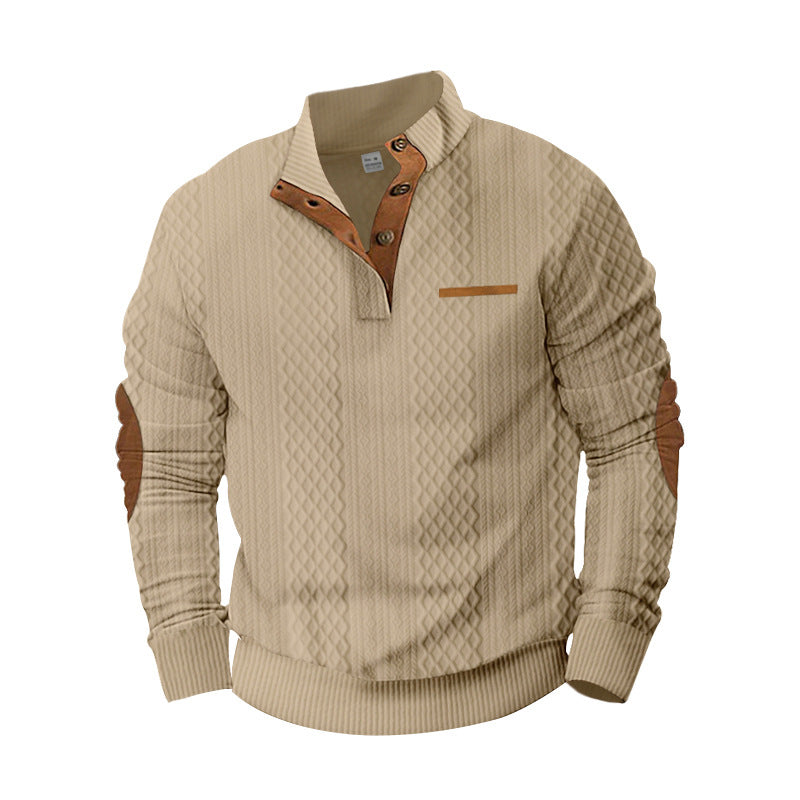 Men's Structured Cable Knit Sweatshirt with Half Button Placket, Faux Leather Patch Pocket & Elbow Patches Mune Fashion