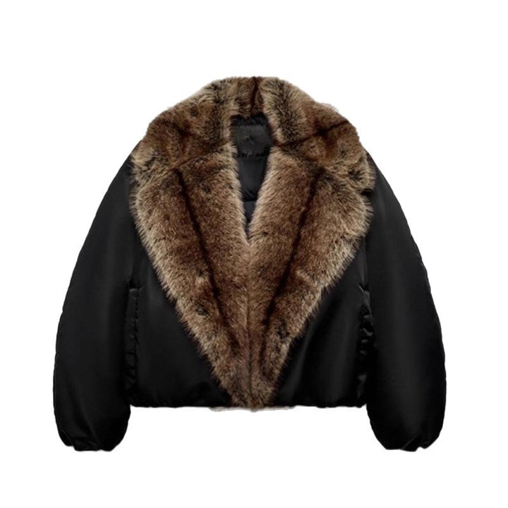 Women's Oversize Bomber Jacket with Voluminous Fur Collar and Satin Sleeves Mune Fashion