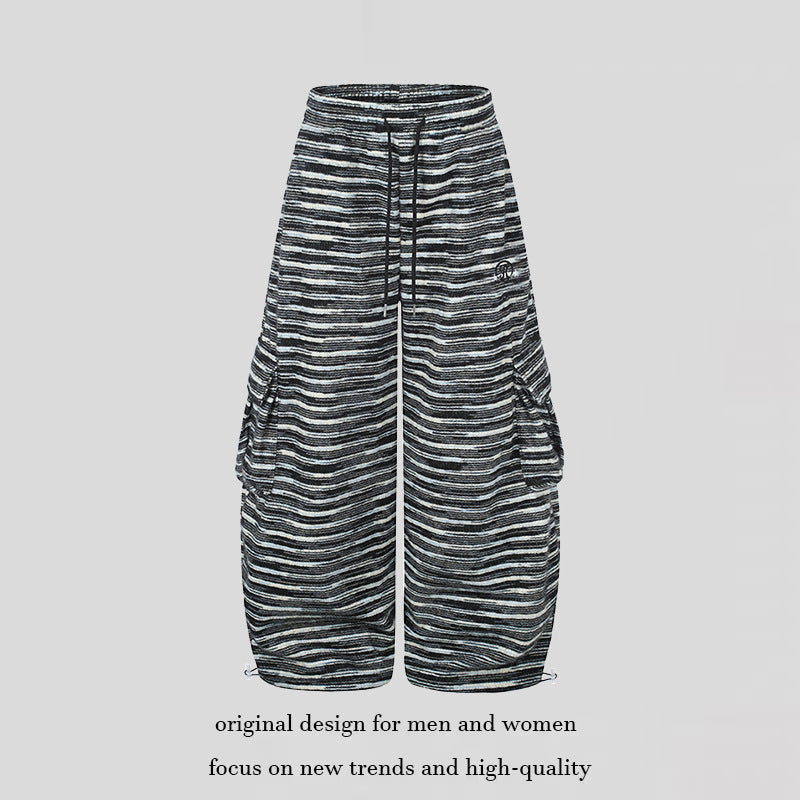 Women's Wide Palazzo Cargo Pants with Drawstring Waistband, Adjustable Hem Cords, and Striped Jacquard Structure Mune Fashion