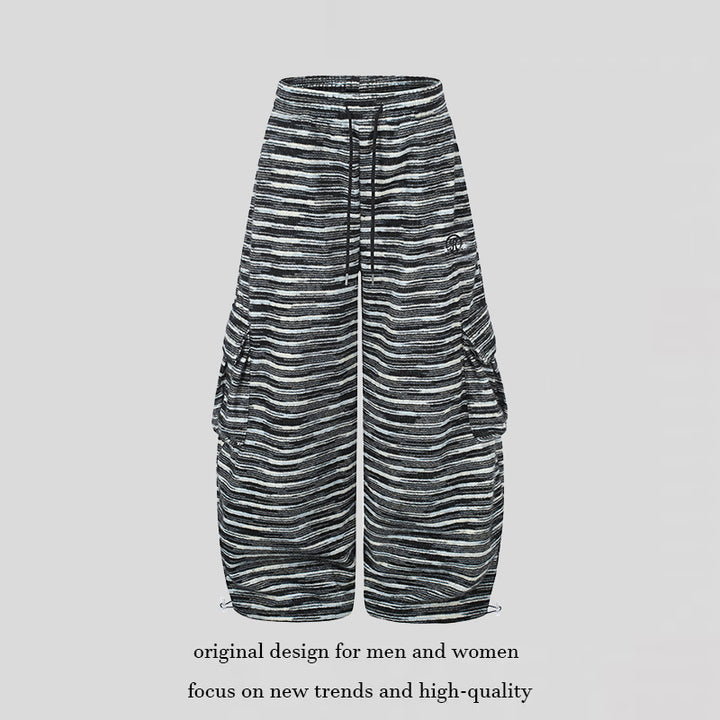 Women's Wide Palazzo Cargo Pants with Drawstring Waistband, Adjustable Hem Cords, and Striped Jacquard Structure Mune Fashion