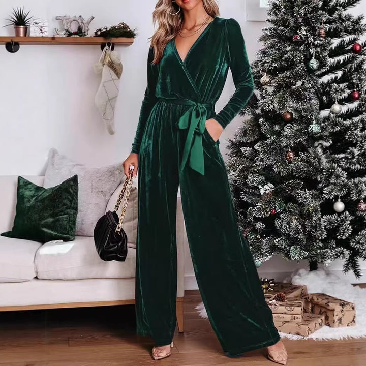 Women's Velvet Jumpsuit with Wrap V-Neck, Wide Leg and Waist Belt Drune