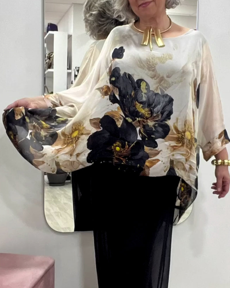 Ladies nan elegant chiffon tunic with bat sleeves and asymmetrical hem Mune Fashion