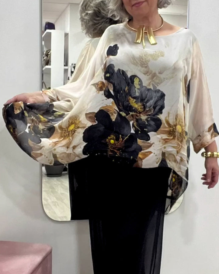 Ladies nan elegant chiffon tunic with bat sleeves and asymmetrical hem Mune Fashion