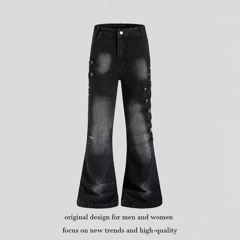 Ladies Wide Jeans Pants with Used Effect and Side Decorative Button Strips Mune Fashion
