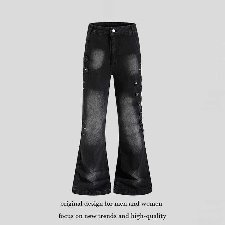 Ladies Wide Jeans Pants with Used Effect and Side Decorative Button Strips Mune Fashion