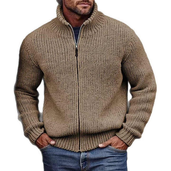 Men's chunky knit cardigan with stand-up collar and continuous zipper Mune Fashion