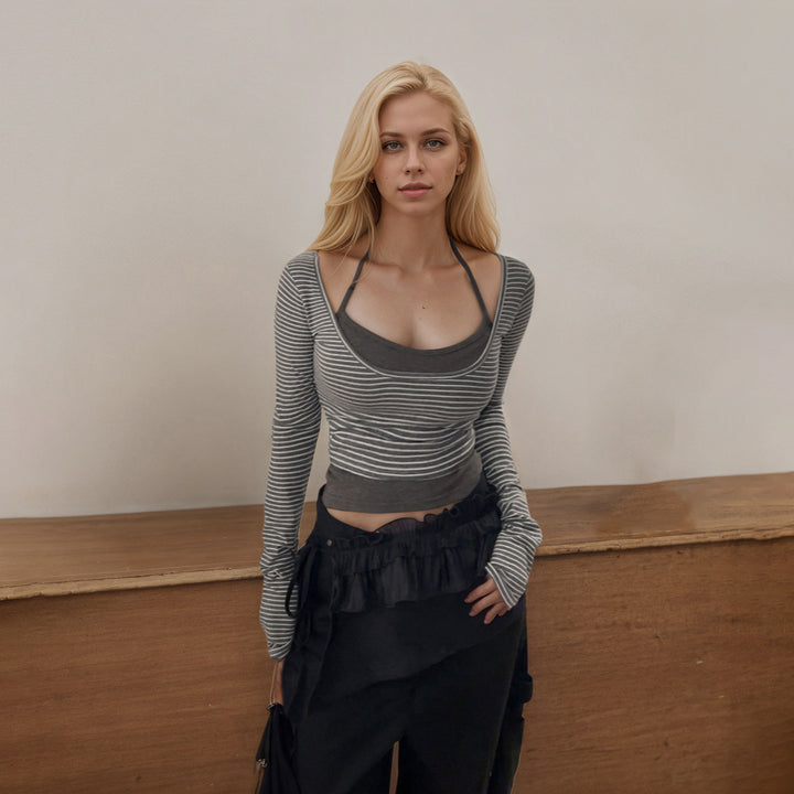 Women's gathered layering cropped top with integrated bustier and fine stripe knit Mune Fashion