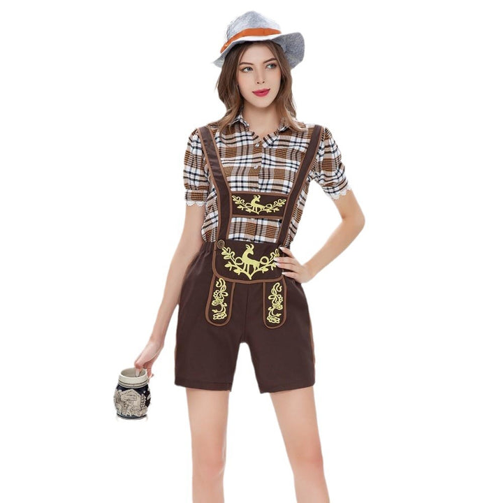 Ladies' Trachten shorts with embroidered bib, adjustable straps, and checked blouse Mune Fashion
