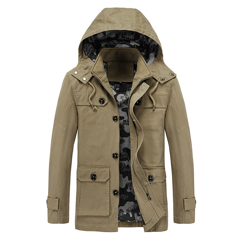 Men's mid-length canvas field jacket with hood, cargo pockets and camouflage lining Mune Fashion