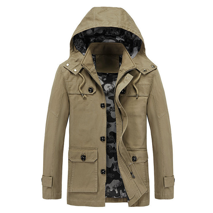 Men's Canvas Field Jacket with Hood, Multifunctional Pockets and Camouflage Lining Mune Fashion