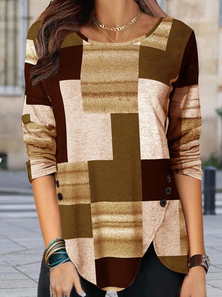 Women Patterned Long Sleeve Tunic Shirt with Asymmetrical Hem and Decorative Button Placket Mune Fashion