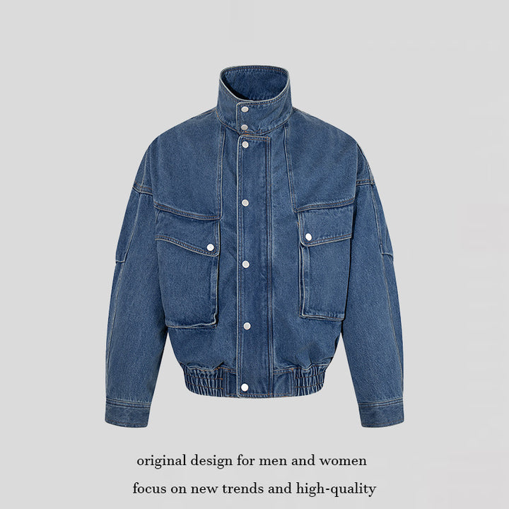 Women's Oversized Denim Jacket with Stand-up Collar, Press Stud Placket and Patch Cargo Pockets Mune Fashion