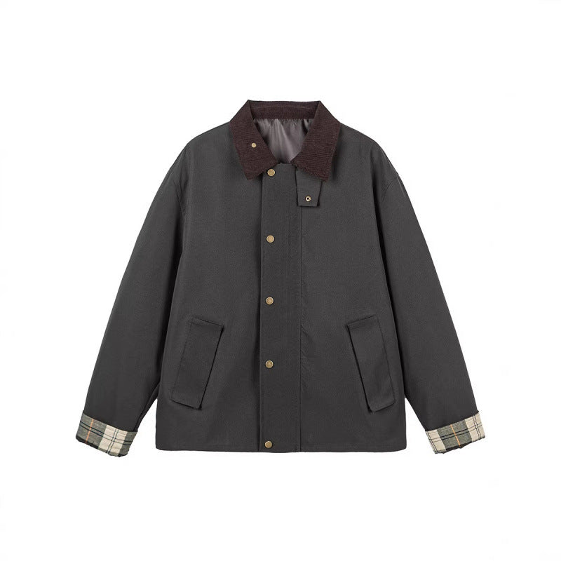 Men's Short Boxy Work Jacket made of sturdy canvas with cord collar and concealed snap button placket Mune Fashion