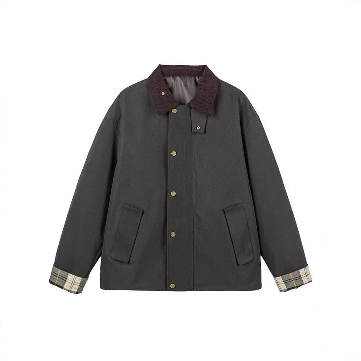 Men's Short Boxy Work Jacket made of sturdy canvas with cord collar and concealed snap button placket Mune Fashion