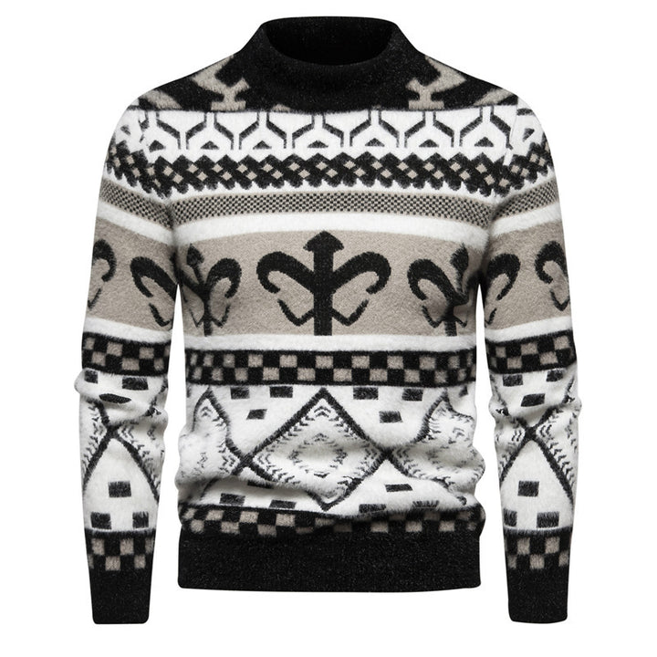 Men's fine-knit mock neck sweater with jacquard pattern and ribbed cuffs Mune Fashion