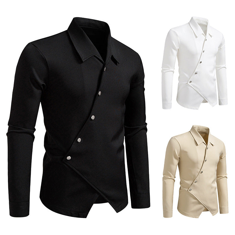 Men's Asymmetrical Shirt with Diagonal Button Placket and Shirt Collar Mune Fashion