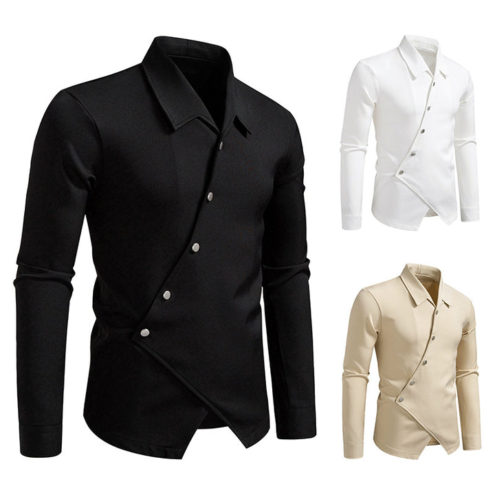 Men's Asymmetrical Shirt with Diagonal Button Placket and Shirt Collar Mune Fashion