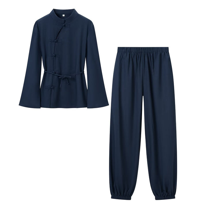 Women Two-Piece Relax Set in Tang Style with Stand-Up Collar, Knot Closures, and Elastic Leg Openings Mune Fashion