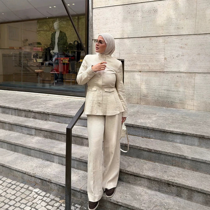 Women Tailored Linen Blazer with Stand Collar and Flouncing Peplum Mune Fashion