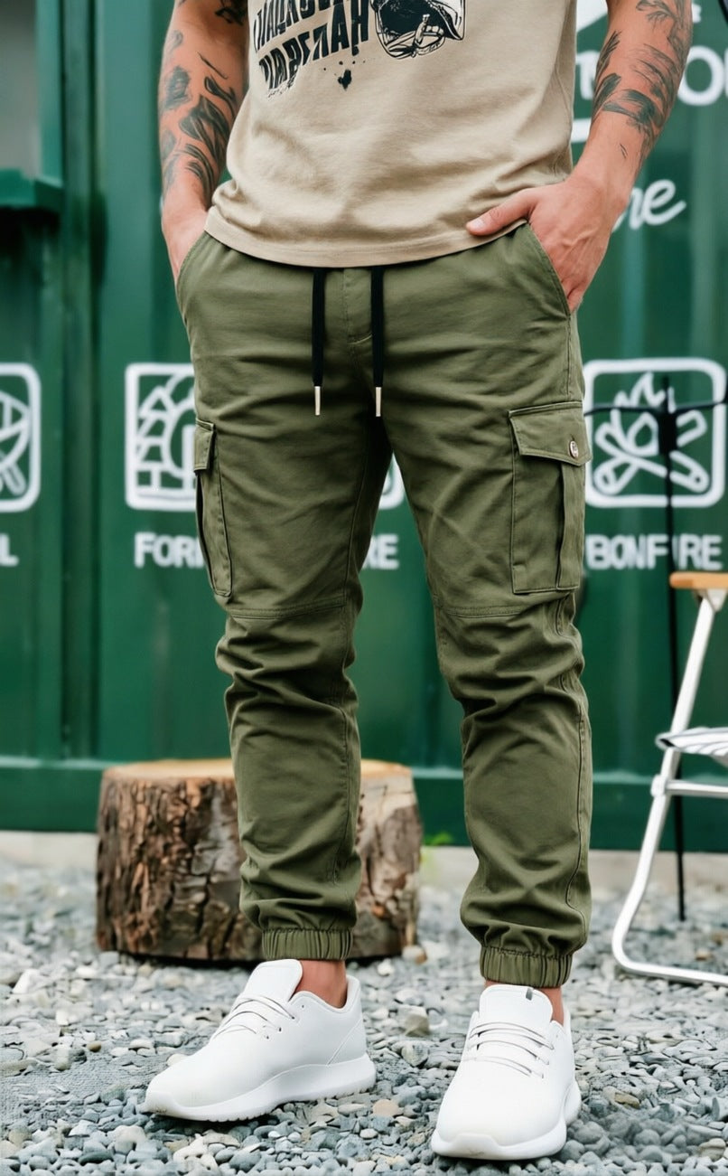 Men's Drawstring Cargo Pants in Jogger Style with Elastic Cuffs & Multiple Pockets Mune Fashion