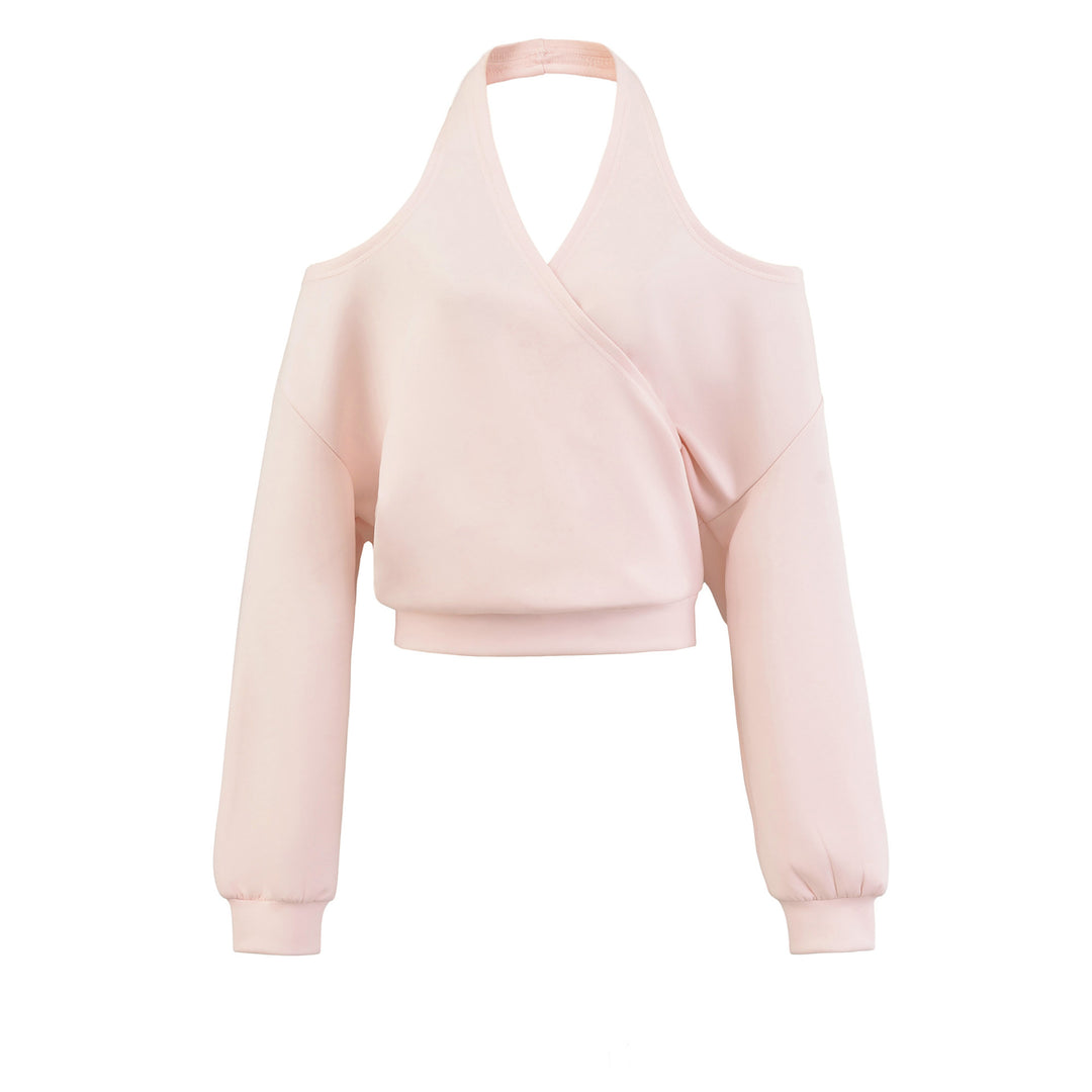 Women's Cropped Sweatshirt with Halter Neck, Cold-Shoulder and Wrap Look Mune Fashion