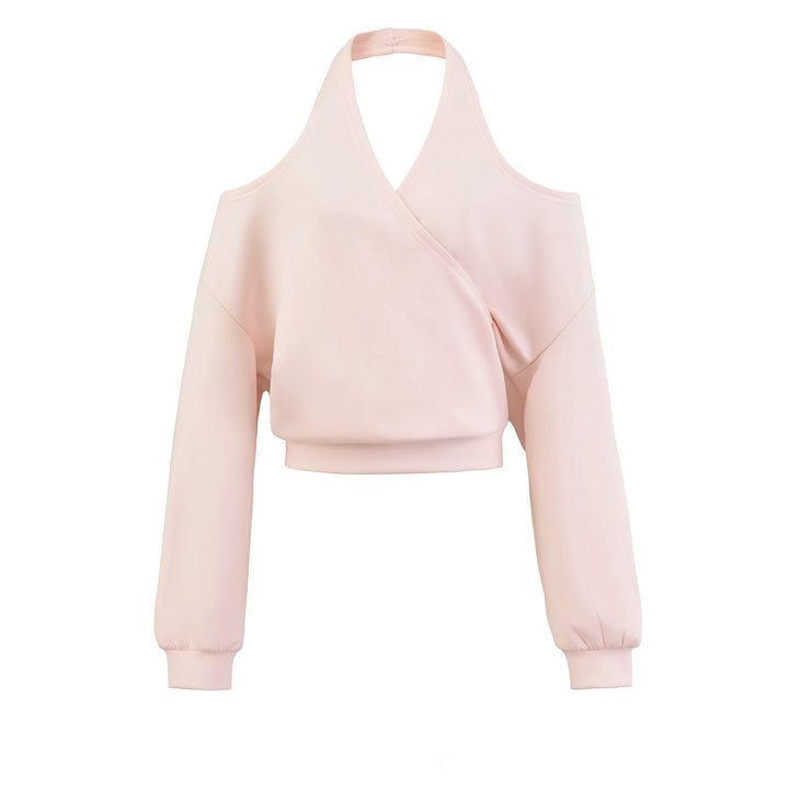 Women's Cropped Sweatshirt with Halter Neck, Cold-Shoulder and Wrap Look Mune Fashion