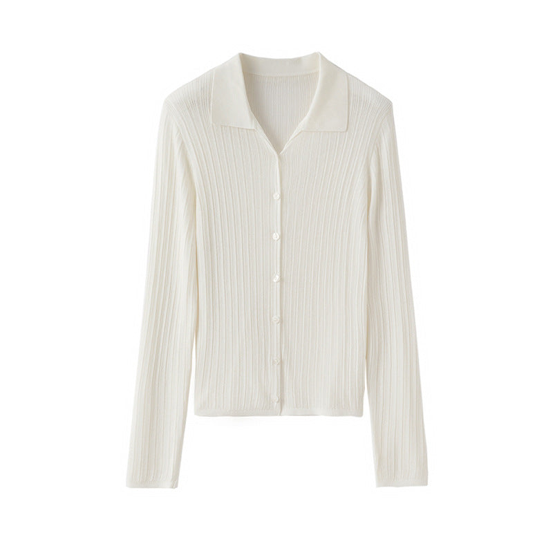 Women’s fine-knit cardigan with ribbed texture, button placket, and polo collar Mune Fashion